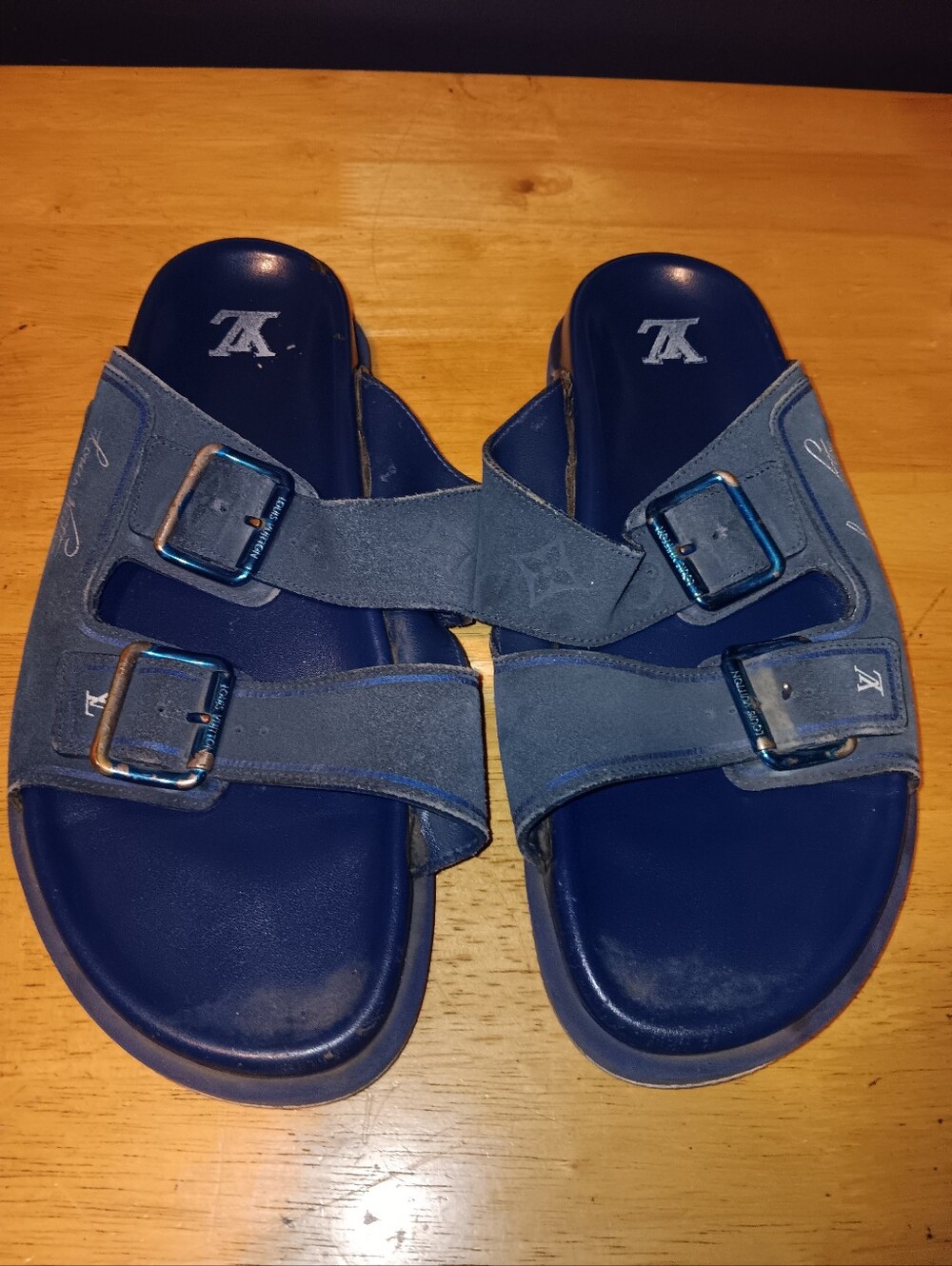 Louis Vuitton Blue Double Buckle Slide Sandals Size 12 Inch